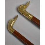 Two Novelty Walking Canes with Birds Head Handles in Brass