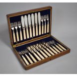 An Edwardian Mahogany Cased Canteen Containing Twelve Bone Handled and Silver Plated Fish Knives and
