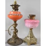 Two Late Victorian Brass Based Oil Lamps with Coloured Glass Reservoirs, Both in Need of Attention