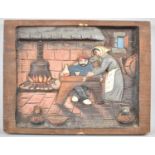 A Carved Wooden Continental Panel Depicting Figures in Tavern, 39x30cm