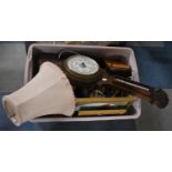 A Box of Sundries to Include Oak Aneroid Barometer (AF), Ceramic Ornaments etc