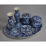 A Vintage Blue and White Ceramic Dressing Table Set to comprise Tray, Candle Sticks, Powder Box