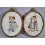 A Pair of Gilt Framed Oval Continental Watercolours Depicting Children, Each 27x22cm High