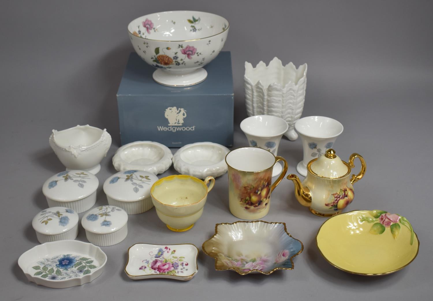 A Collection of Various Ceramics to Comprise Wedgwood Ice Rose Lidded Pots, Vases, Coalport Shaped