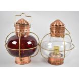 A Pair of Modern Copper, Brass and Glass Oil Lamps, 30cm high