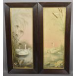 A Pair of Late Victorian/Edwardian Oak Framed Prints of Swans, Each 98x43cm Overall