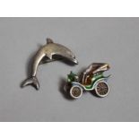 Two Novelty Brooches, Silver Dolphin and Enamelled Silver Vintage Motorcar
