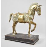 A Brass Study of a War Horse on Rectangular Wooden Plinth, 23cm Wide