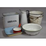 A Collection of Various Vintage Enamel to Include Buckets, Bread Bin, Pans etc