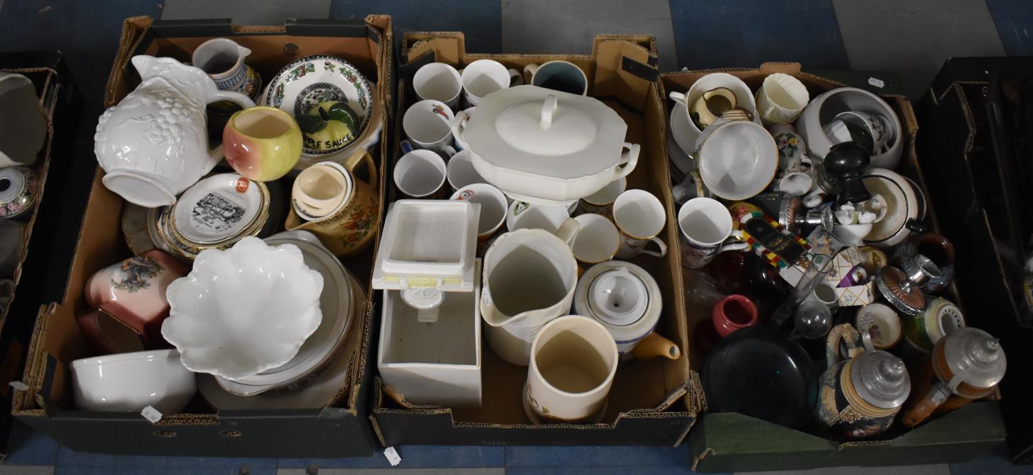 Three Boxes of Ceramics to Include Jugs, Lager Steins, Mugs, Vases etc