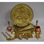 A Collection of Various Metalwares to Comprise Hand Beaten Brass Chargers with Figural Scenes,