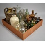 A Collection of Vintage Chemists Bottles, Collectors Bottles, Stoneware Brewers Bottle in Wicker