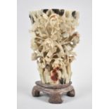 A Carved and Pierced Oriental Soapstone Vase on Circular Base, 20cm high