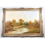 A Large Gilt Framed Oil on Canvas, Fisherman with Rod and Cattle Drinking at River, 74x49cm