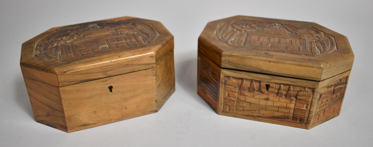 Two Carved Early/Mid 20th Century Souvenir Jerusalem Boxes in Olive Wood, One with Carved Relief - Image 3 of 3