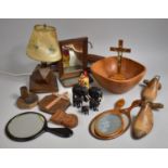 A Collection of Vintage Treen to Include Coat Hangers, Bowl, Table Lamp, Pocket Watch Holder Etc