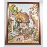 A Framed Tapestry, Horse and Cart Outside Thatched Cottage, 43x58cm