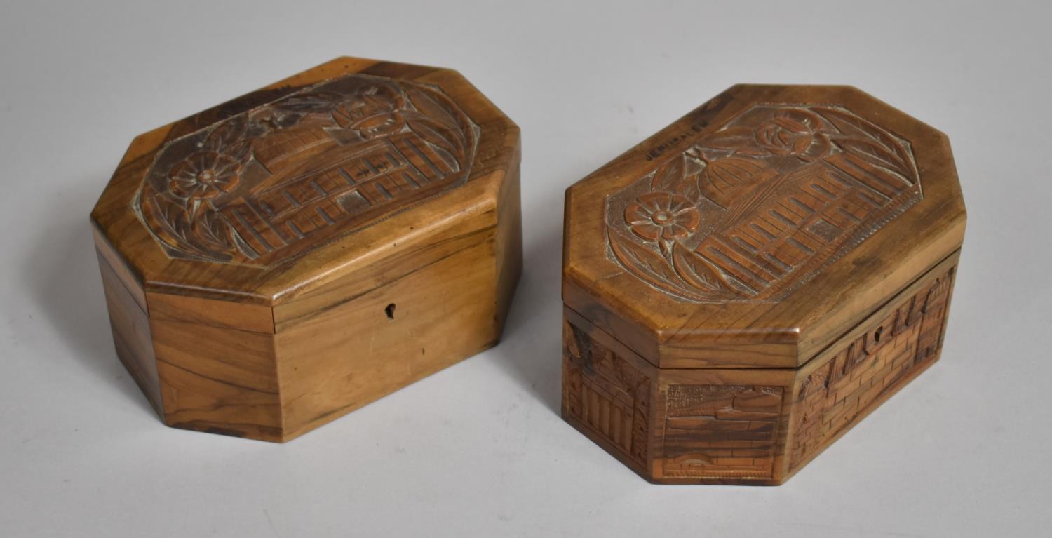 Two Carved Early/Mid 20th Century Souvenir Jerusalem Boxes in Olive Wood, One with Carved Relief