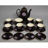 A Palissy 'Orchid' Black Ground and Gilt Trim Coffee Set to Comprise Coffee Cans, Saucers, Dishes,