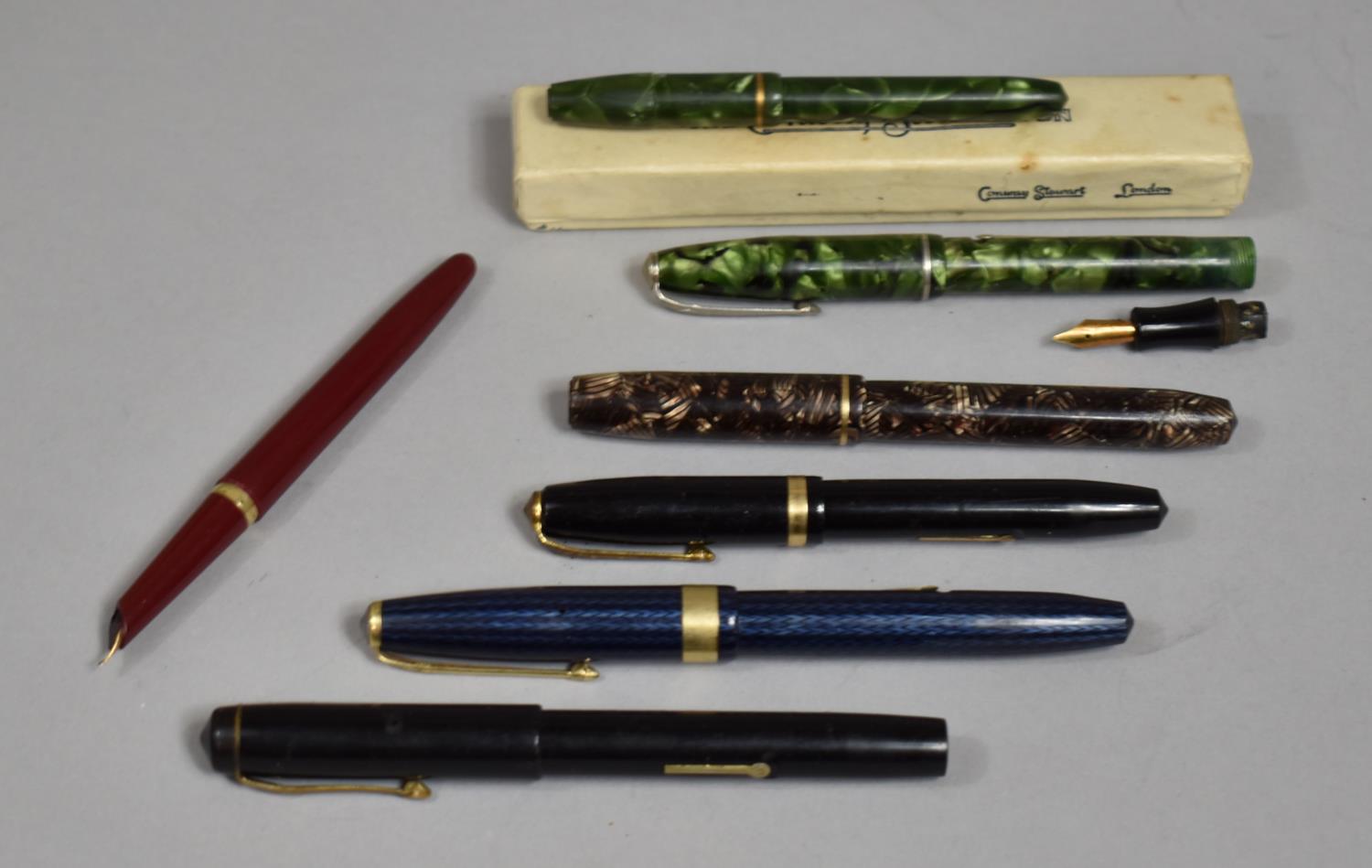 A Collection of Seven Conway Stewart Fountain Pens to Comprise Blue 60L, Black, 84 all in Good