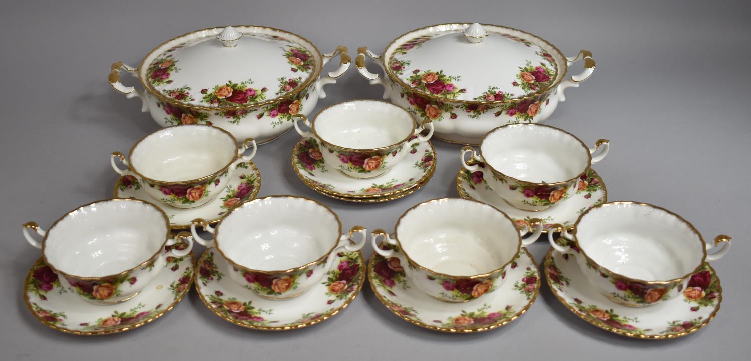 A Set of Royal Albert Old Country Roses Two Handled Soup Bowls and Saucers Together with Two