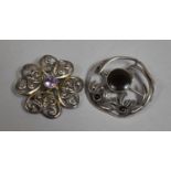Two Jewelled Silver Brooches, One Set with Amethyst the Other Onyx, Both Stamped 925