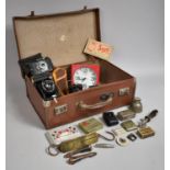 A Vintage Leather Case Containing Sundries to Include Cameras, Cigarette Case, Tin Opener, Counter