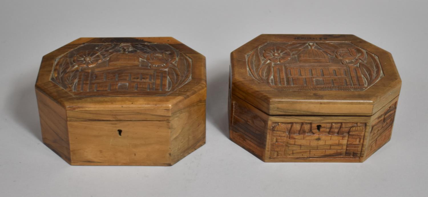 Two Carved Early/Mid 20th Century Souvenir Jerusalem Boxes in Olive Wood, One with Carved Relief - Image 2 of 3