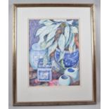 A Framed Watercolour, Still Life, "Blue China with Plants" by Bren Tranter, 28x37cm