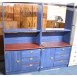 A Pair of Modern Brass Mounted Blue Painted Shelf and Drawer Units, Each 94cm Wide