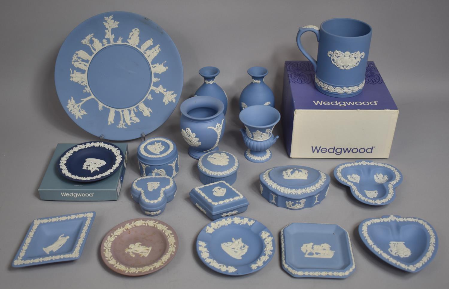 A Collection of Wedgwood Jasperware to Comprise Commemorative Tankard, Plate, Dishes, Vases,