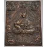 An Antique Tibetan Pressed Copper Panel Depicting Central Buddha Seated on Lotus Throne Surrounded