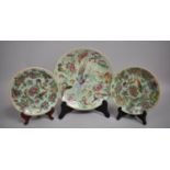 A Pair of Chinese Celadon Glazed Famille Rose Plates together with a Larger Example. 18.5x25.5cms