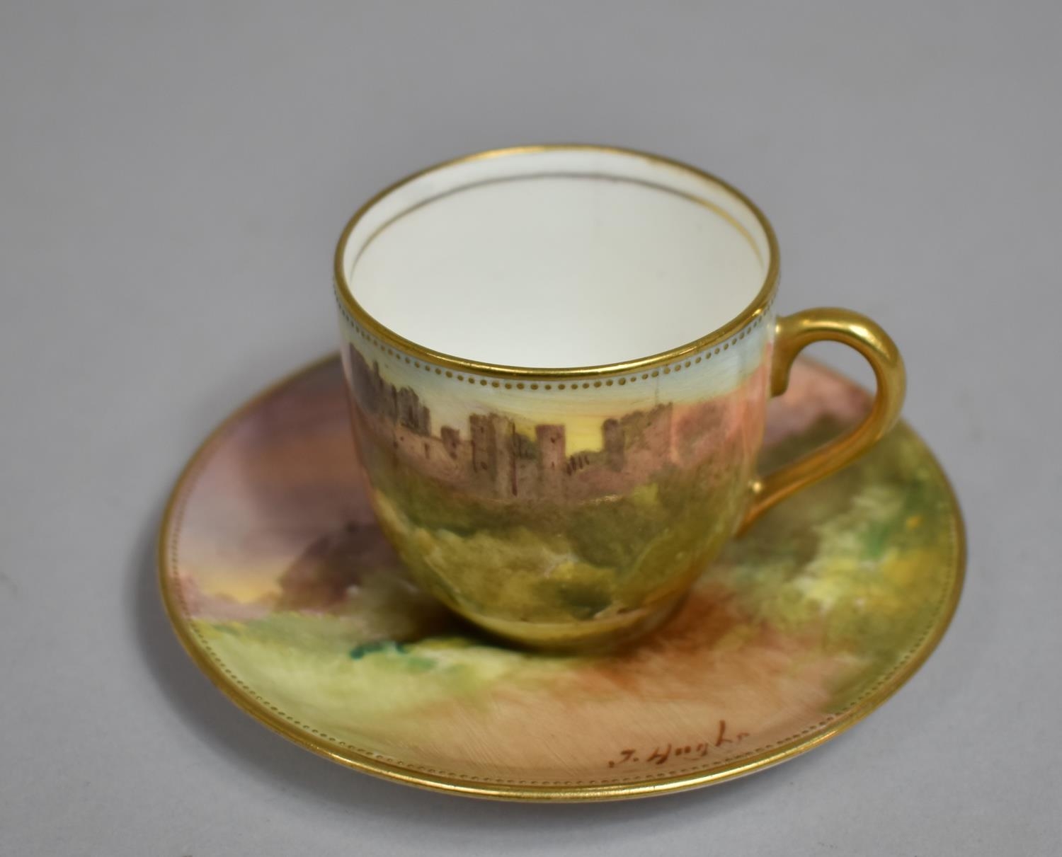 A Miniature Royal Doulton Cabinet Cup and Saucer, Hand Painted Ludlow Castle Design by J Hughes - Image 2 of 3