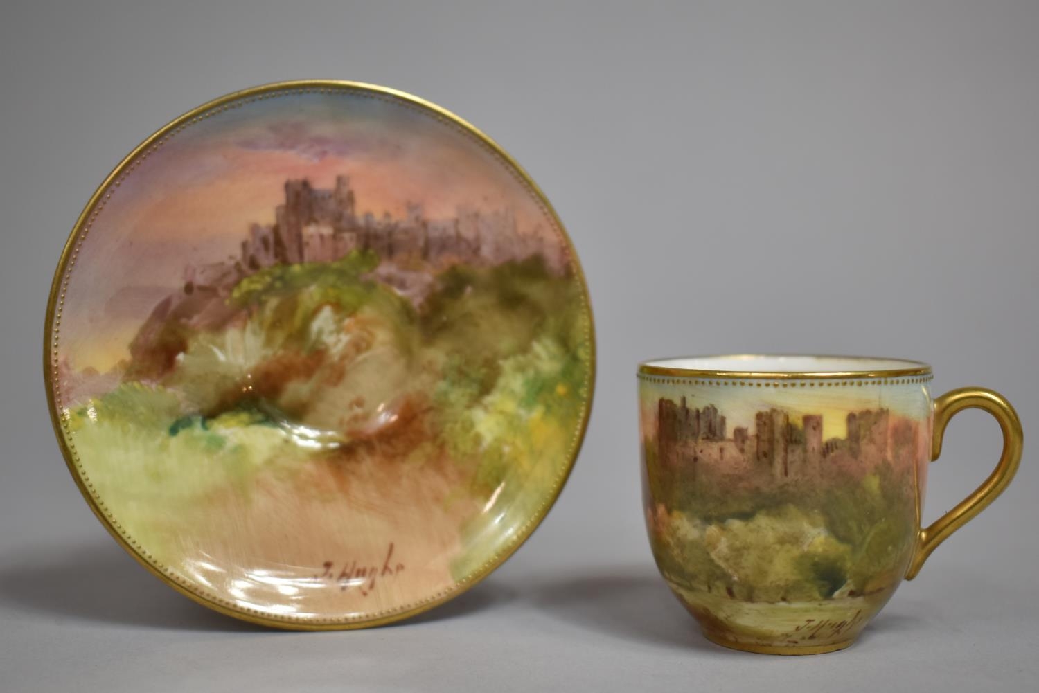 A Miniature Royal Doulton Cabinet Cup and Saucer, Hand Painted Ludlow Castle Design by J Hughes