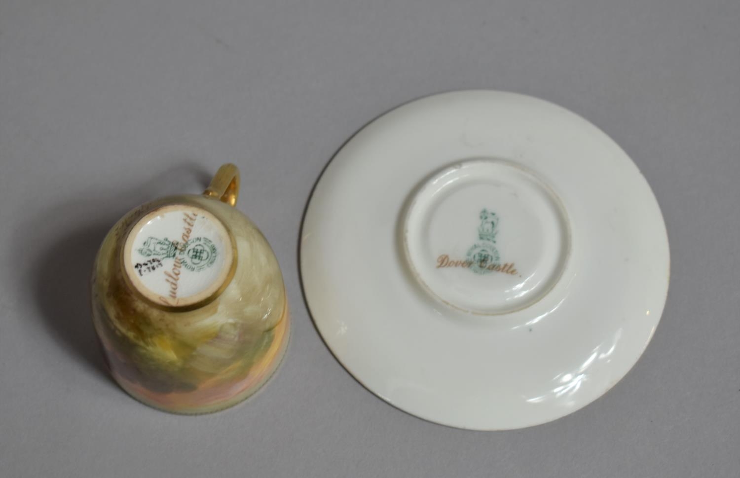 A Miniature Royal Doulton Cabinet Cup and Saucer, Hand Painted Ludlow Castle Design by J Hughes - Image 3 of 3