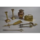 A Collection of Various Brassware to comprise Candlesticks, Niello Canister, Urn Etc