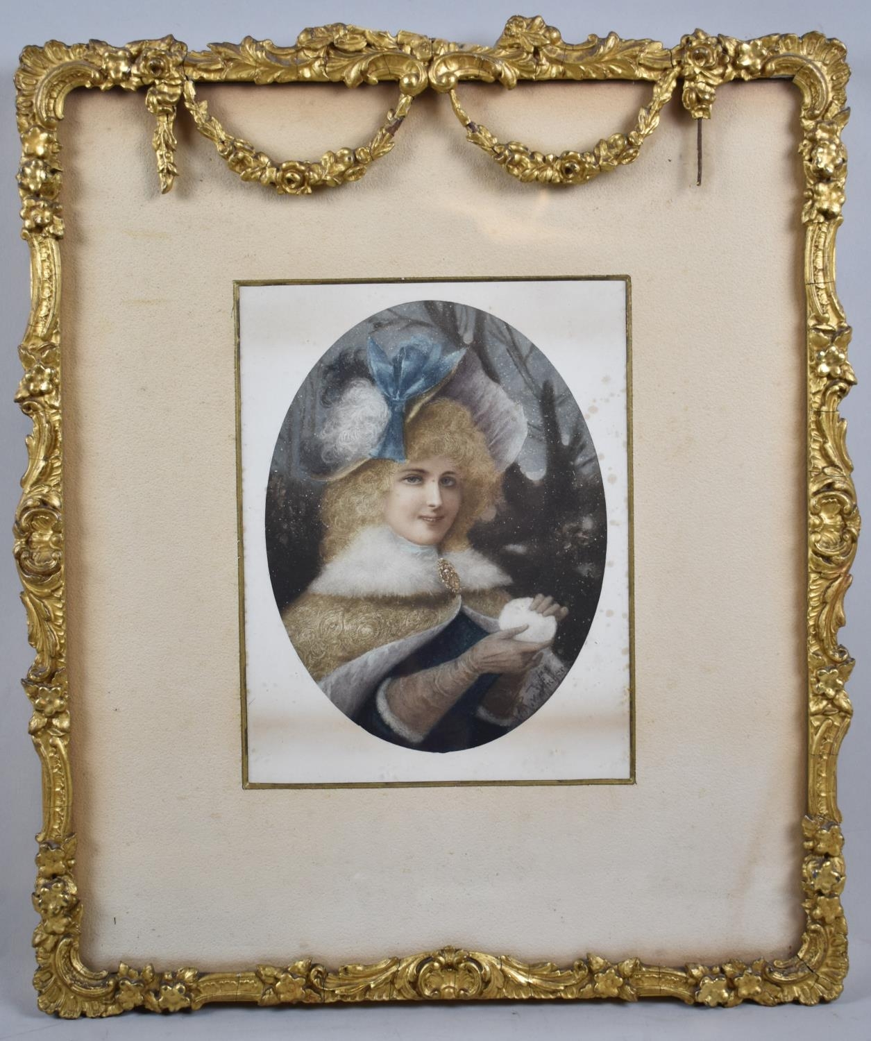 A Pretty Gilt Frame Decorated with Floral Swags, Containing Print of Victorian Girl with Snowball,