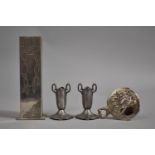 A Collection of Modern Pewter to Comprise Pair of Two Handled Candle Sticks, Ladies Handbag Mirror