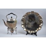 An Edwardian Silver Plated Spirit Kettle Together with a Later Circular Salver, 32cm Diameter