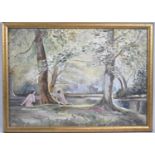 A Framed Watercolour, Nudes Beside Lake, 35x24.5cm