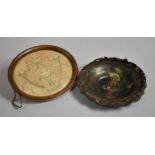 A Victorian Hand Painted Paper Mache Cake Basket Together with a Small Oval Silk Embroidered Tray,