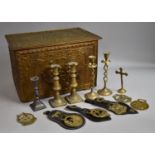 A Beaten Brass Slipper or Coal Box, together with Brass Candlesticks and Horse Brasses Etc