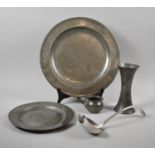 A Pewter Charger, Pewter Plate, Silver Plated Ladle, Pewter Measure and Vase