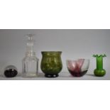 A 19th Century Mallet Decanter together with a Green Bubble Glass Bowl containing Marbles,