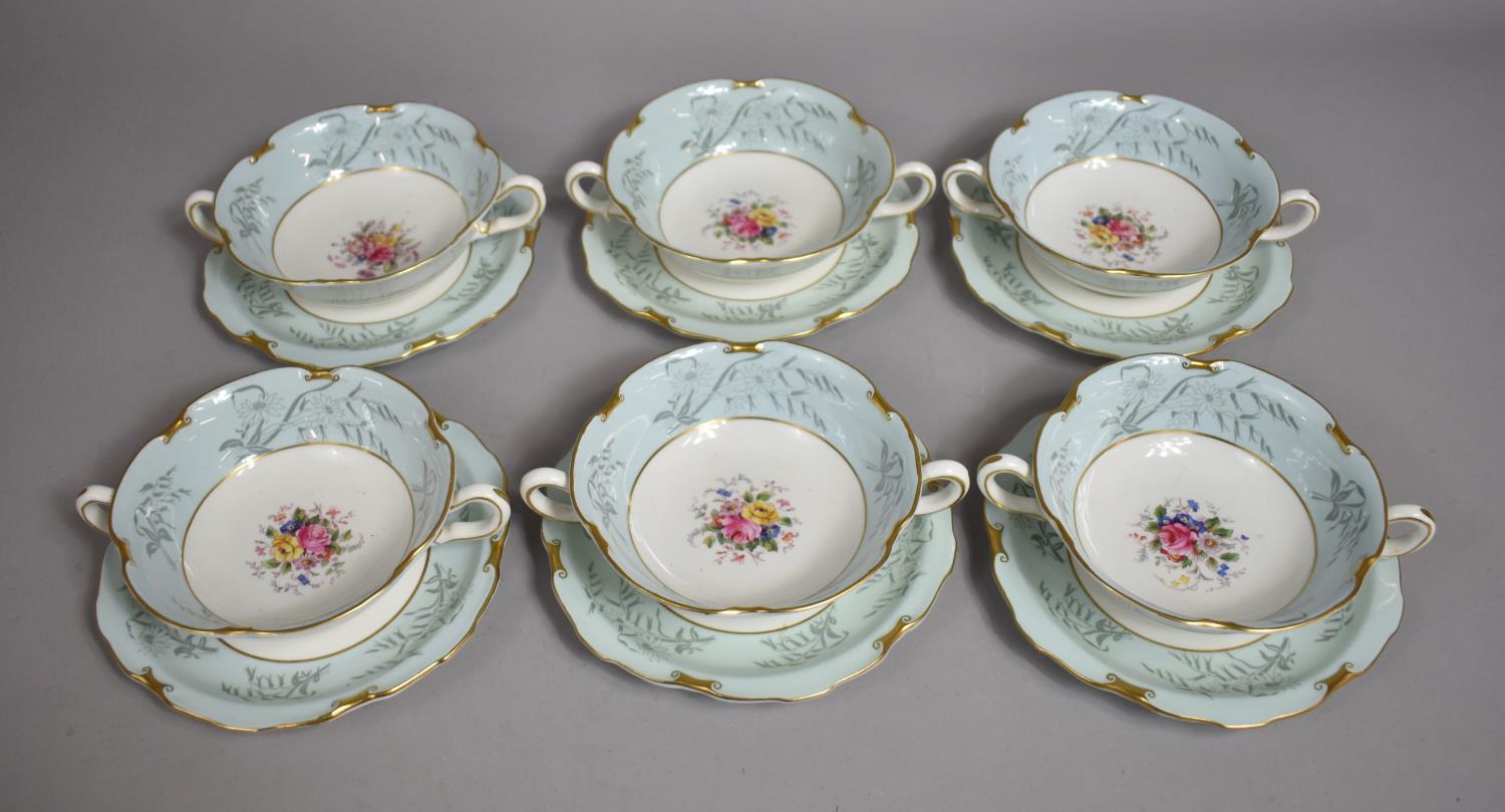 A Set of Six Royal Crown Derby Floral Decorated and Blue Gilt Trimmed Two Handled Soup Bowls and