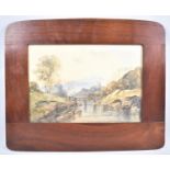 A Mahogany Framed Watercolour Depicting River Scene with Figures on Bridge, 35x24cm