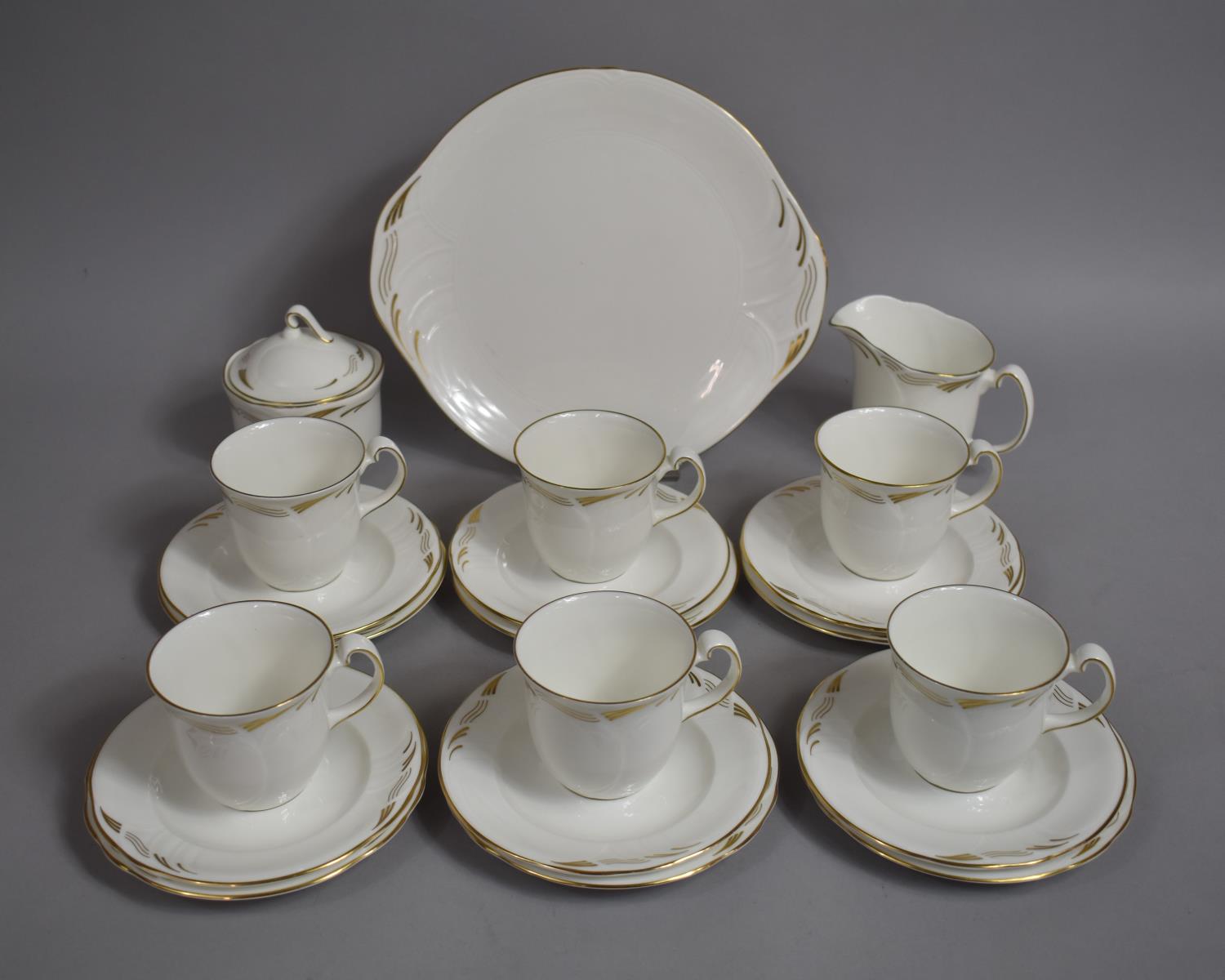 A Royal Albert White and Gilt Trim Horizons Dorian Tea Set to Comprise Six Cups, Six Saucers, Six