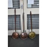 Three Vintage Brass and Copper Warming Pans with Wooden Handles