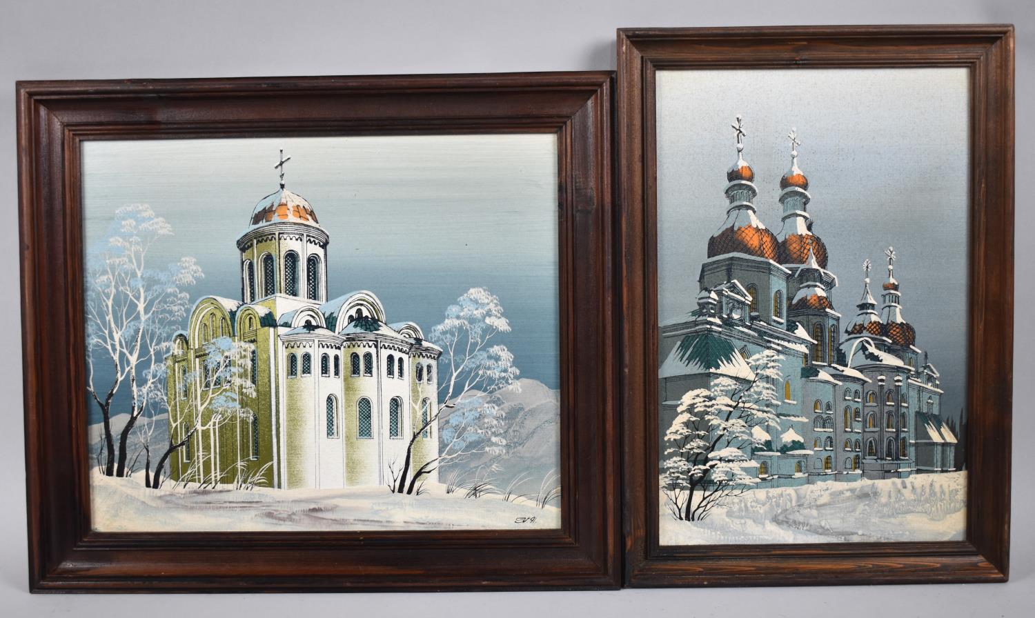 Two Russian Paintings on Board Depicting Churches, 29x24cm and 29x19cm